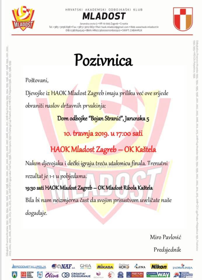 POZIVNICA - HAOK MLADOST - Finalne utakmice odbojkaške Superlige u ženskoj i muškoj konkurenciji
